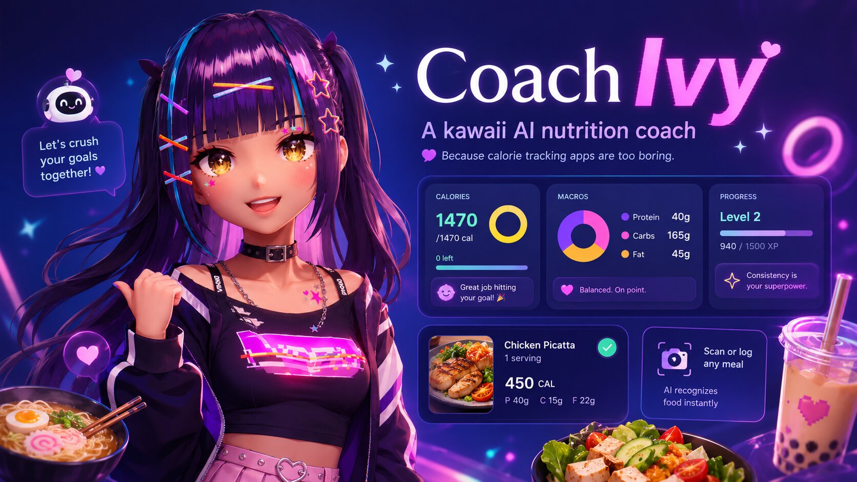 Coach Ivy app artwork with an anime-style AI nutrition coach, macro dashboard, and meal logging interface.